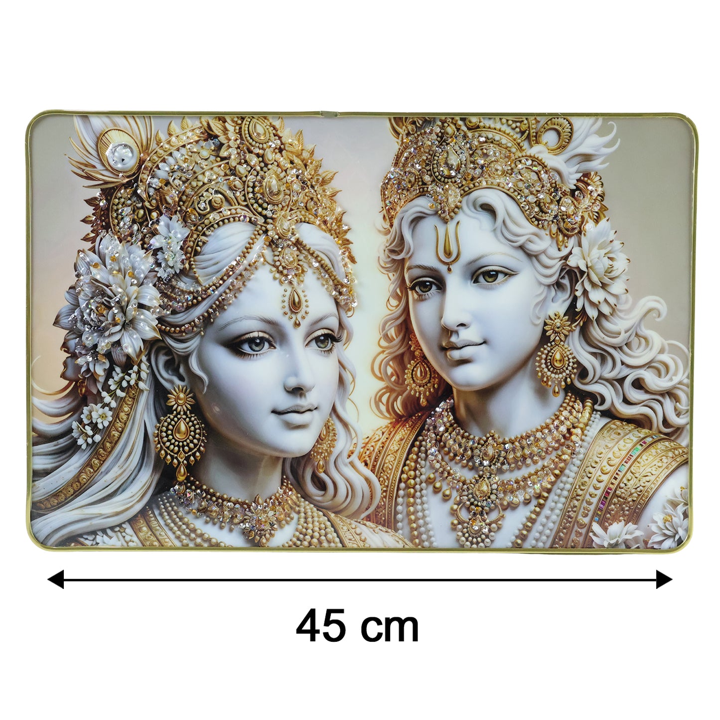 Elegant Radha Krishna wall art frame in gold finish, 45x30 cm, featuring intricate Hindu deity design by Wukusy.