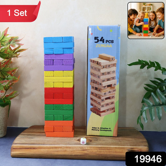 Wooden stacking tower game with 54 colorful pieces by Wukusy, arranged in a tower on a wooden surface.