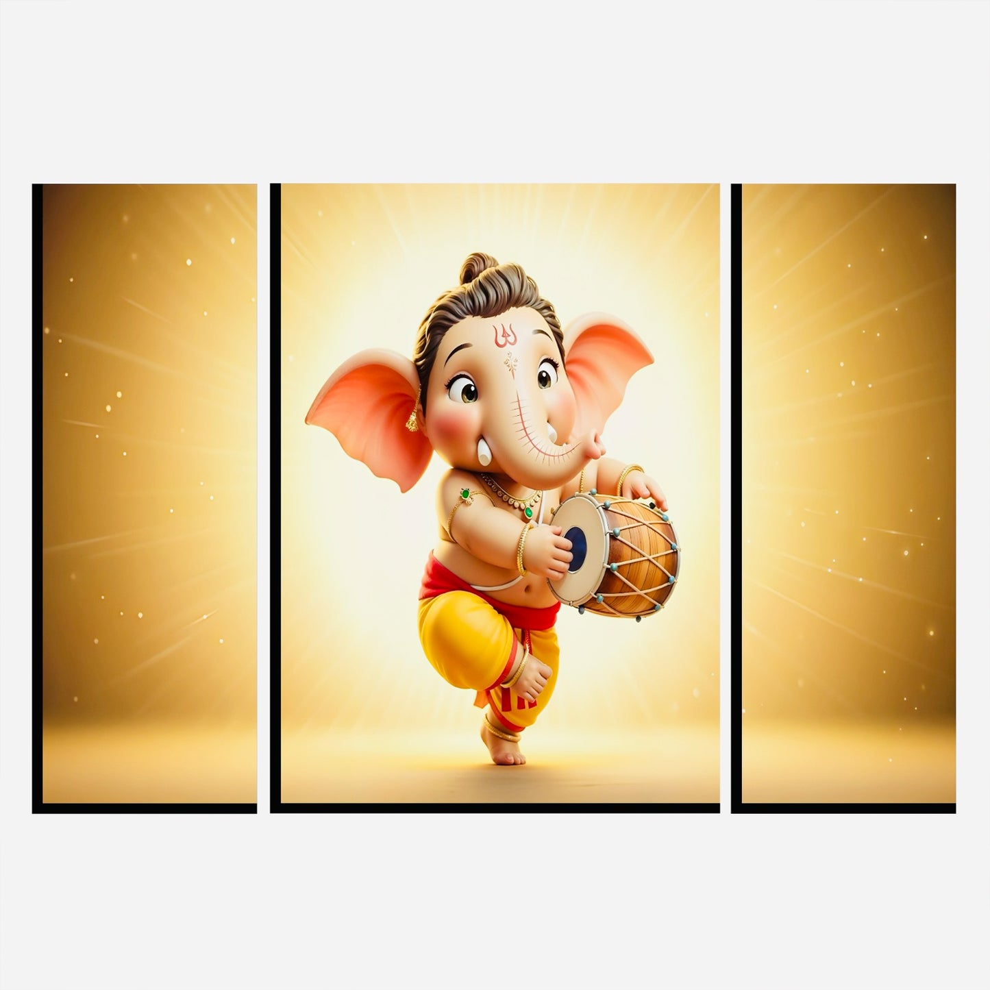 Three-panel MDF wall frame featuring Ganesha religious art, 16.5x12 inches, by Wukusy for home decor and spiritual decoration.