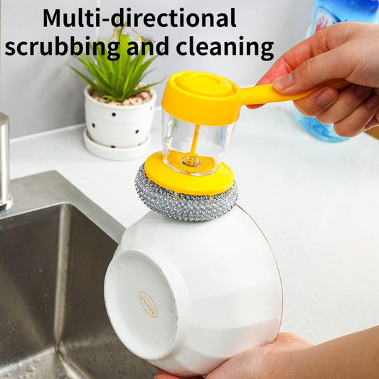 Wukusy handheld soap dispenser with scrub brush in a home kitchen setting, ready for cleaning or dishwashing tasks.