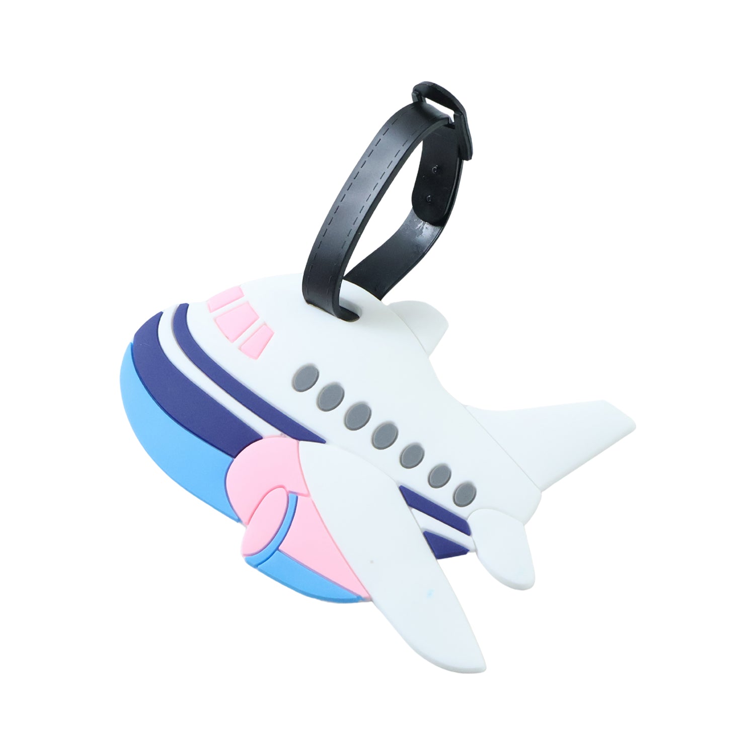 Wukusy airplane shape travel luggage bag tag with adjustable strap, bright design for easy identification of luggage.