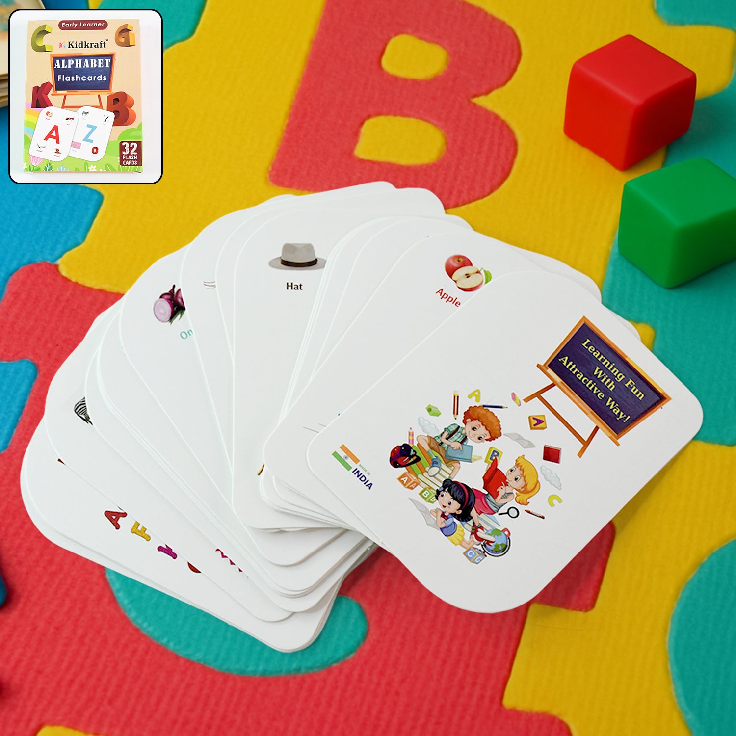 Kidkraft Early Learner 32-piece alphabet flash cards set by Wukusy, featuring colorful cards with letters and images for young learners