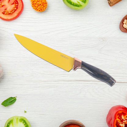 Wukusy 6-piece professional kitchen knife set including chef knives, cleaver, peeler, and scissors on a cutting board.