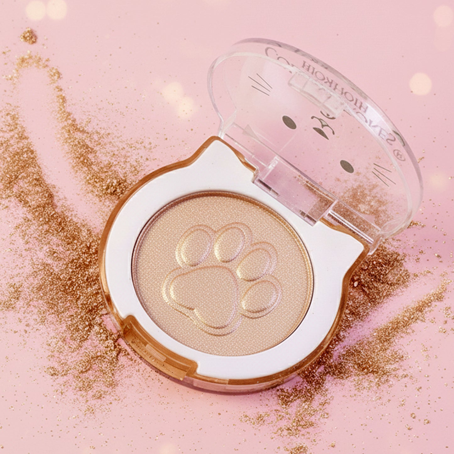 Wukusy Premium Color Strokes Shimmer Highlighter in open compact, showing vibrant, shimmering shades for highlighting and glow.