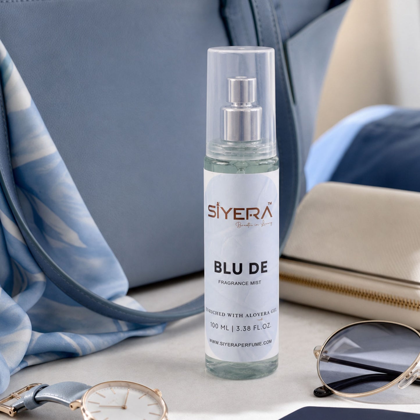 Wukusy Blu De Fragrance Mist body spray with aloe vera gel, 100ml bottle, featuring a sleek design and refreshing scent.