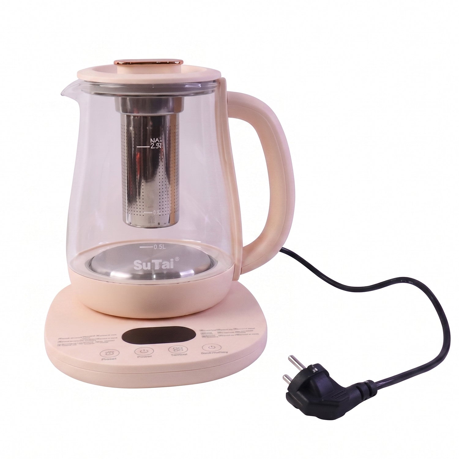 Wukusy Suta electric glass kettle with 2.3L capacity, infuser, and temperature control for tea making, shown with clear glass body.