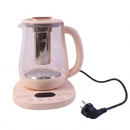 Wukusy Suta electric glass kettle with 2.3L capacity, infuser, and temperature control for tea making, shown with clear glass body.