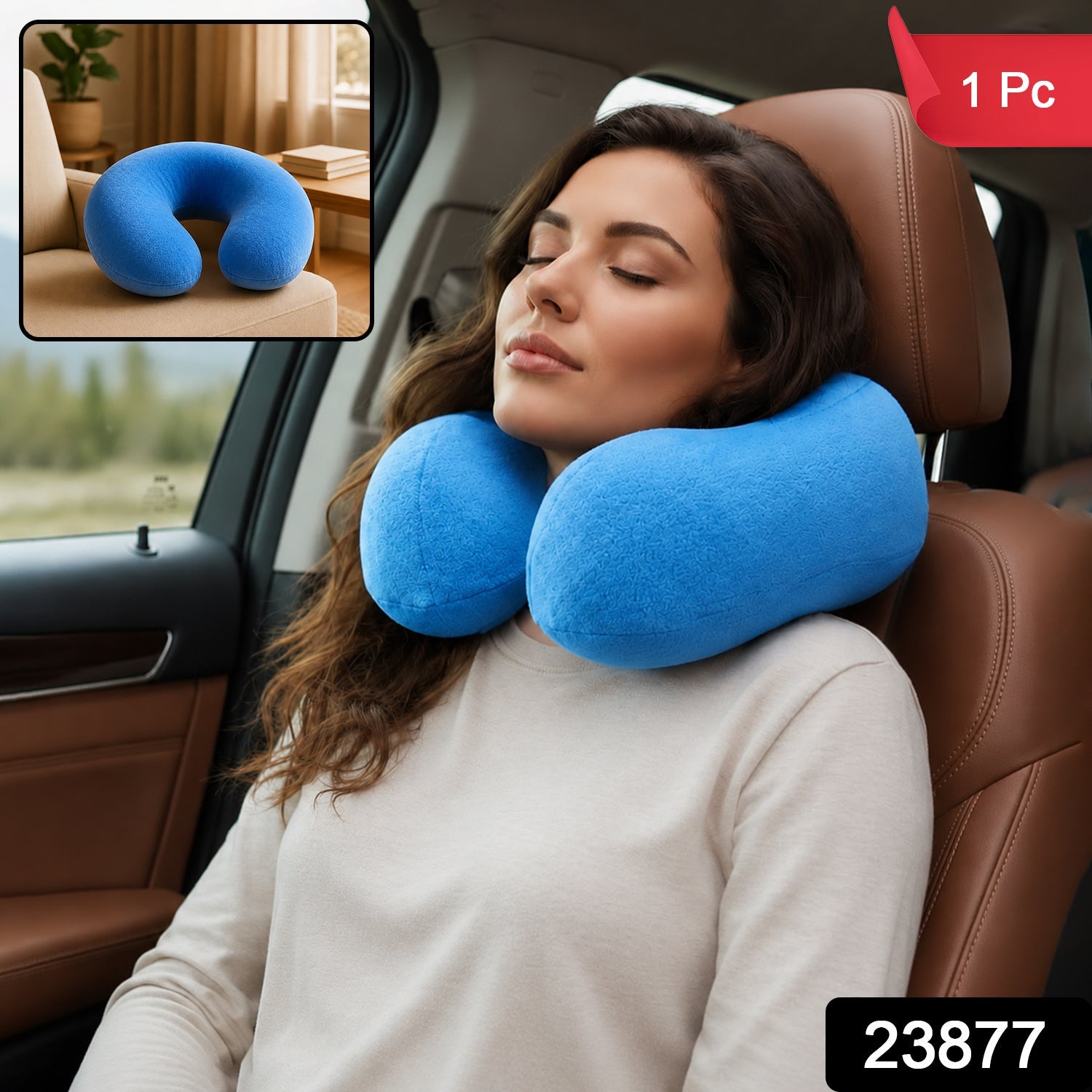Blue U-shaped Wukusy travel neck pillow providing soft head and neck support for comfortable travel.