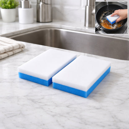 Wukusy dual layer cleaning sponge eraser pads, two-pack, showing textured scrubbing surfaces for effective stain removal.