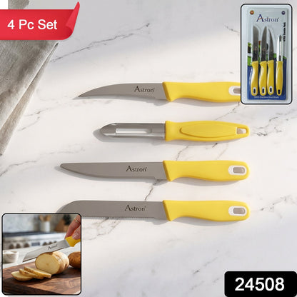 Wukusy 4-piece kitchen knife set with plastic handles and stainless steel peeler, includes chef’s knife, paring knife, and utility knives.