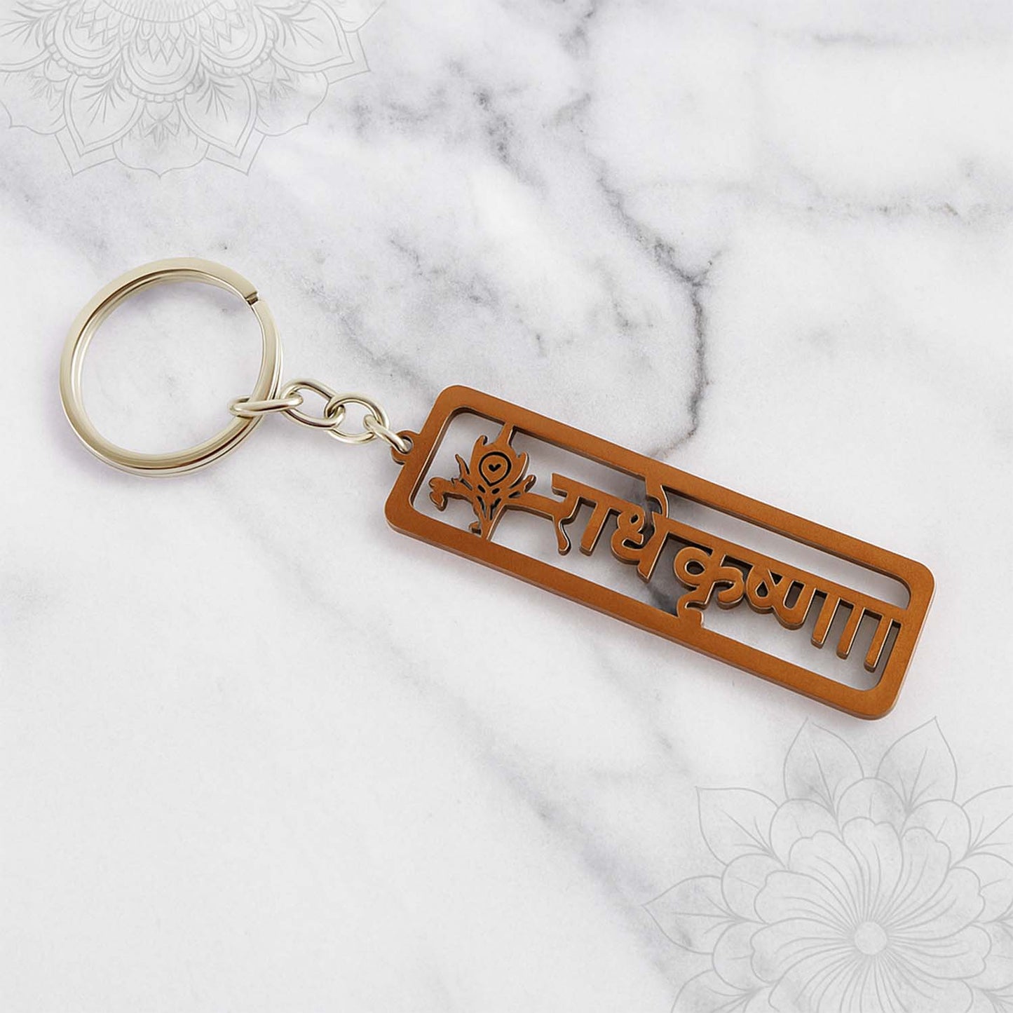 Wukusy Radha Krishna metal keychain featuring intricate religious design, perfect for travel accessories and spiritual symbolism.