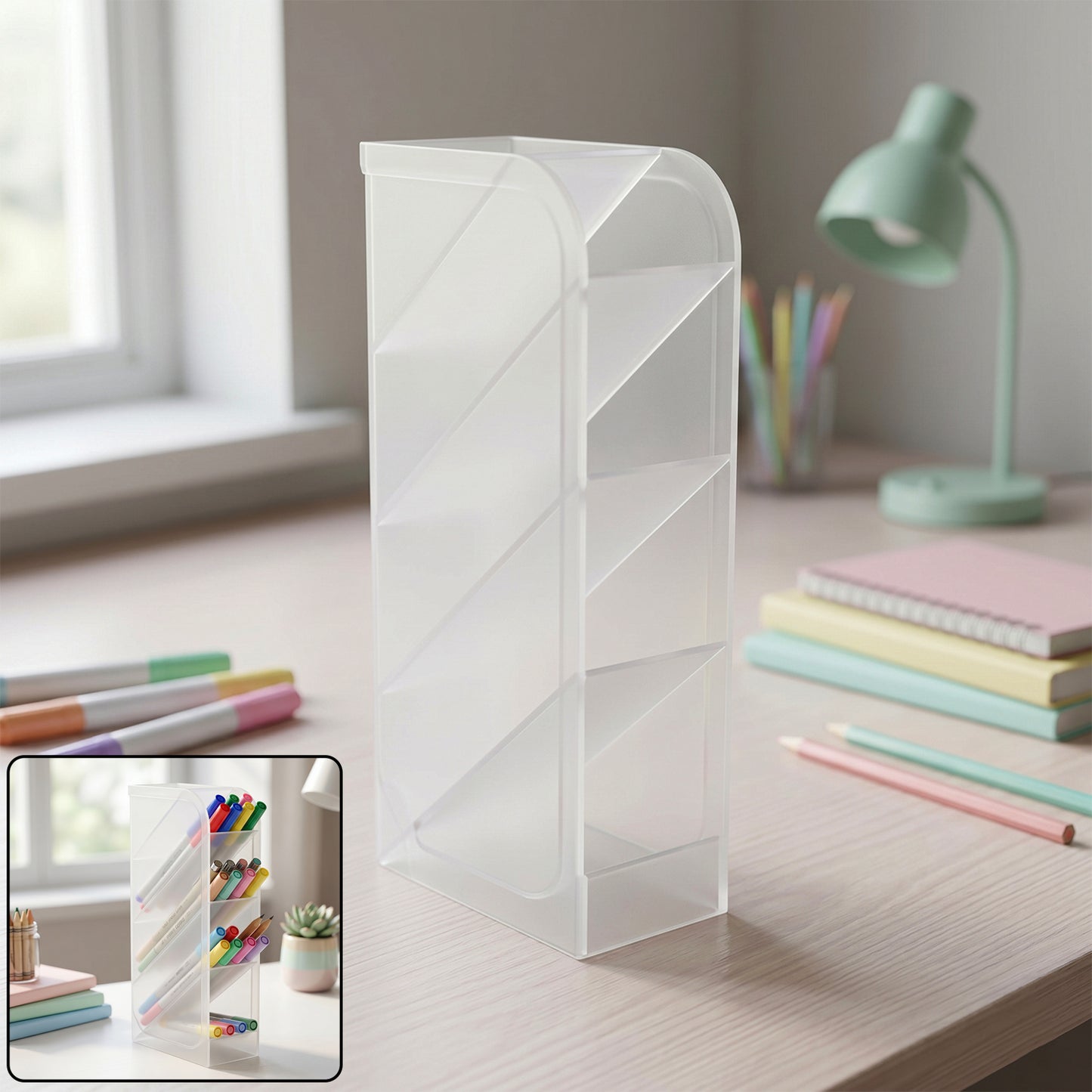 Wukusy plastic multi-storage pen holder bin for organizing pens, markers, and writing supplies.