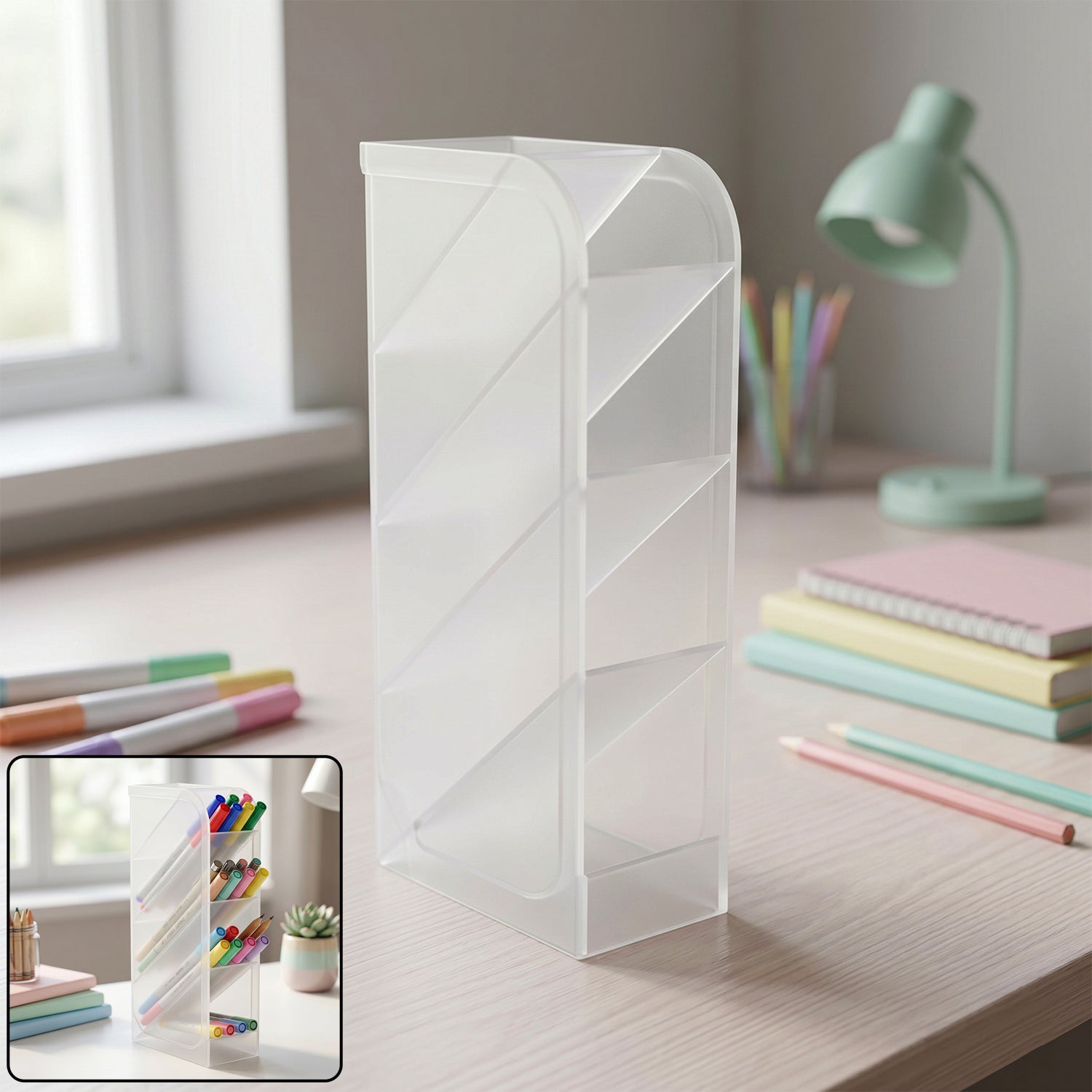 Wukusy plastic multi-storage pen holder bin for organizing pens, markers, and writing supplies.