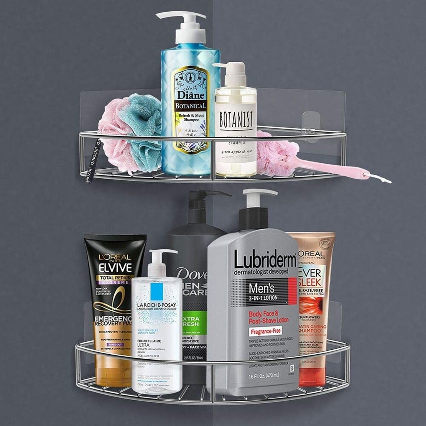 Wukusy 9010 corner shower caddy with multiple shelves for holding household bathroom items, made of durable materials.