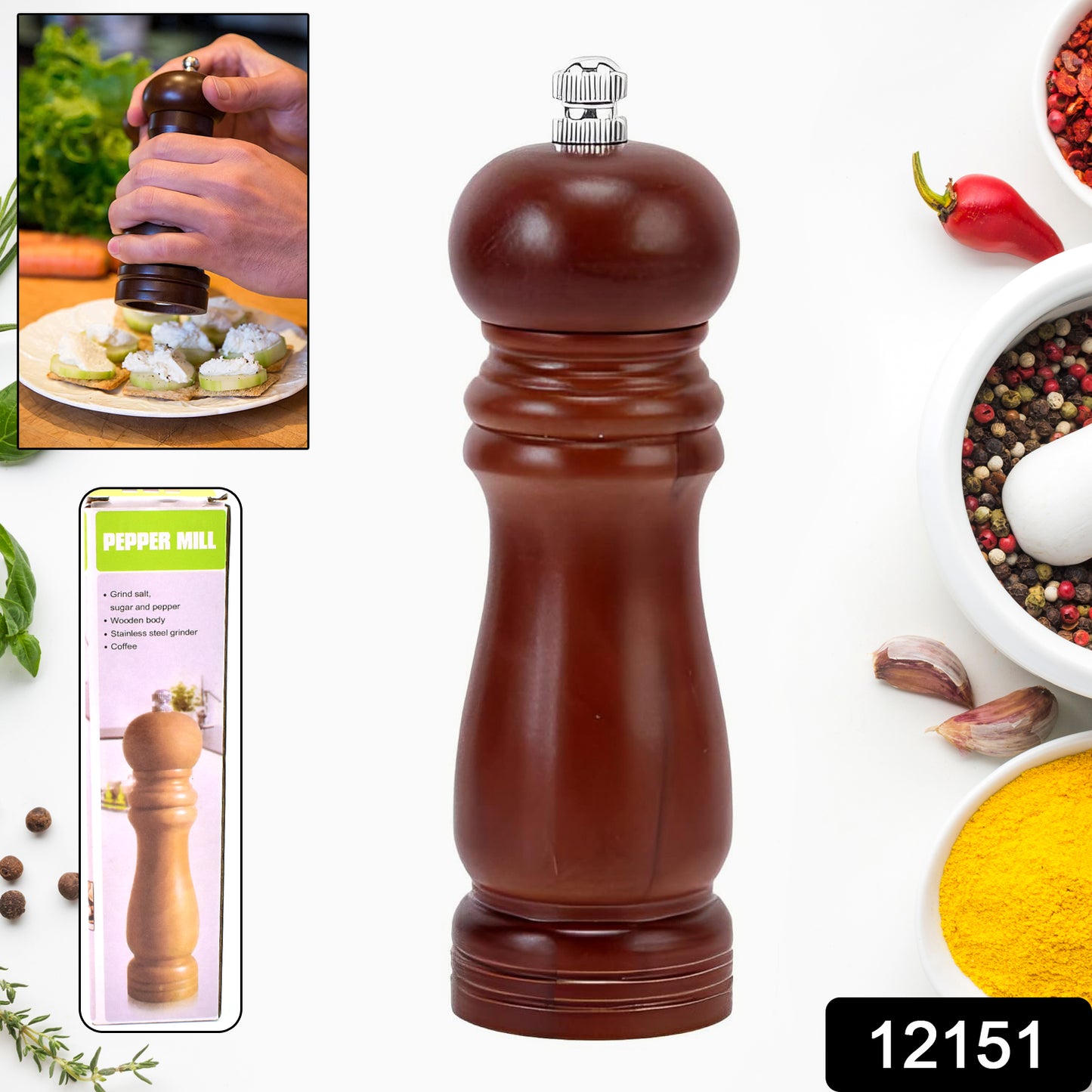 Wooden Wukusy 8-inch pepper mill with a classic design, perfect for grinding fresh pepper in the kitchen.