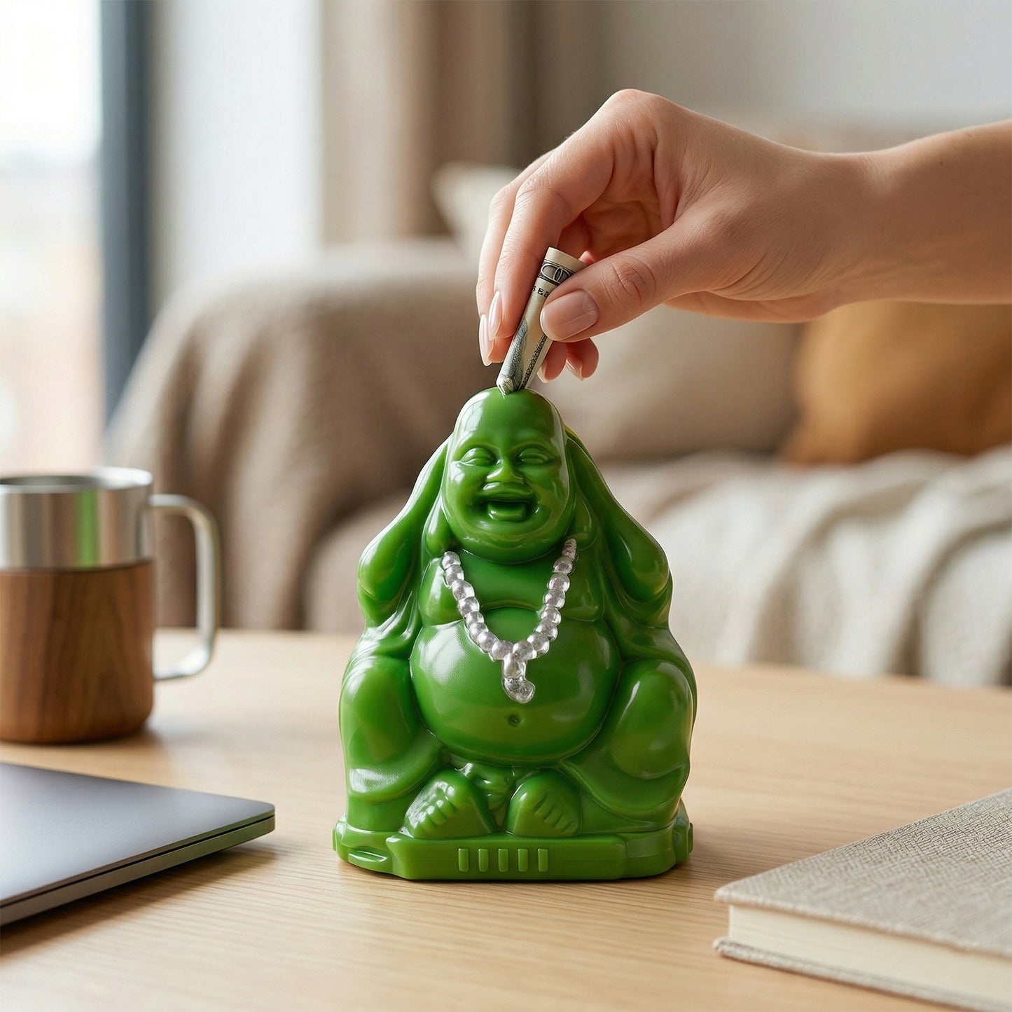 Wukusy Laughing Buddha money bank coin saving box, ceramic figurine with a cheerful laughing Buddha design for saving coins.