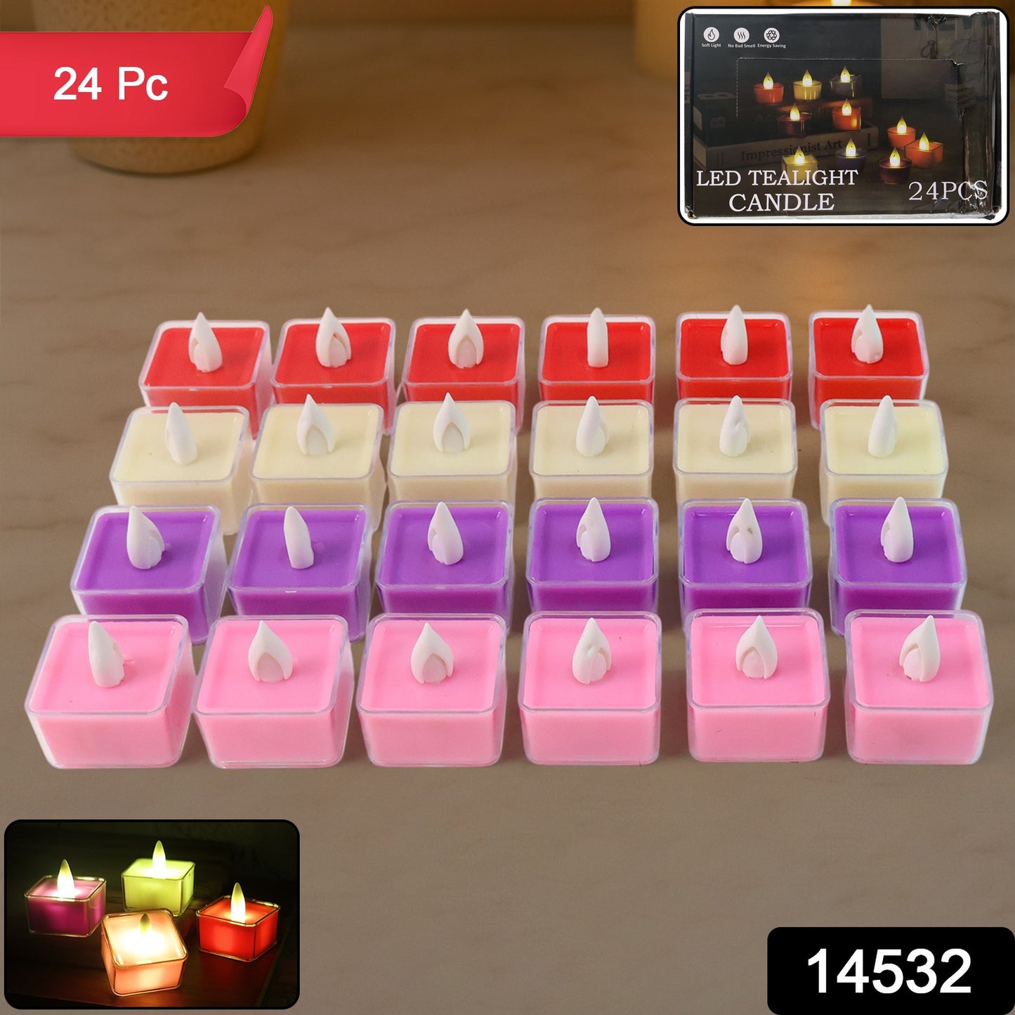 Set of 24 multi-color LED tealight candles by Wukusy, perfect for home decor and ambient lighting.