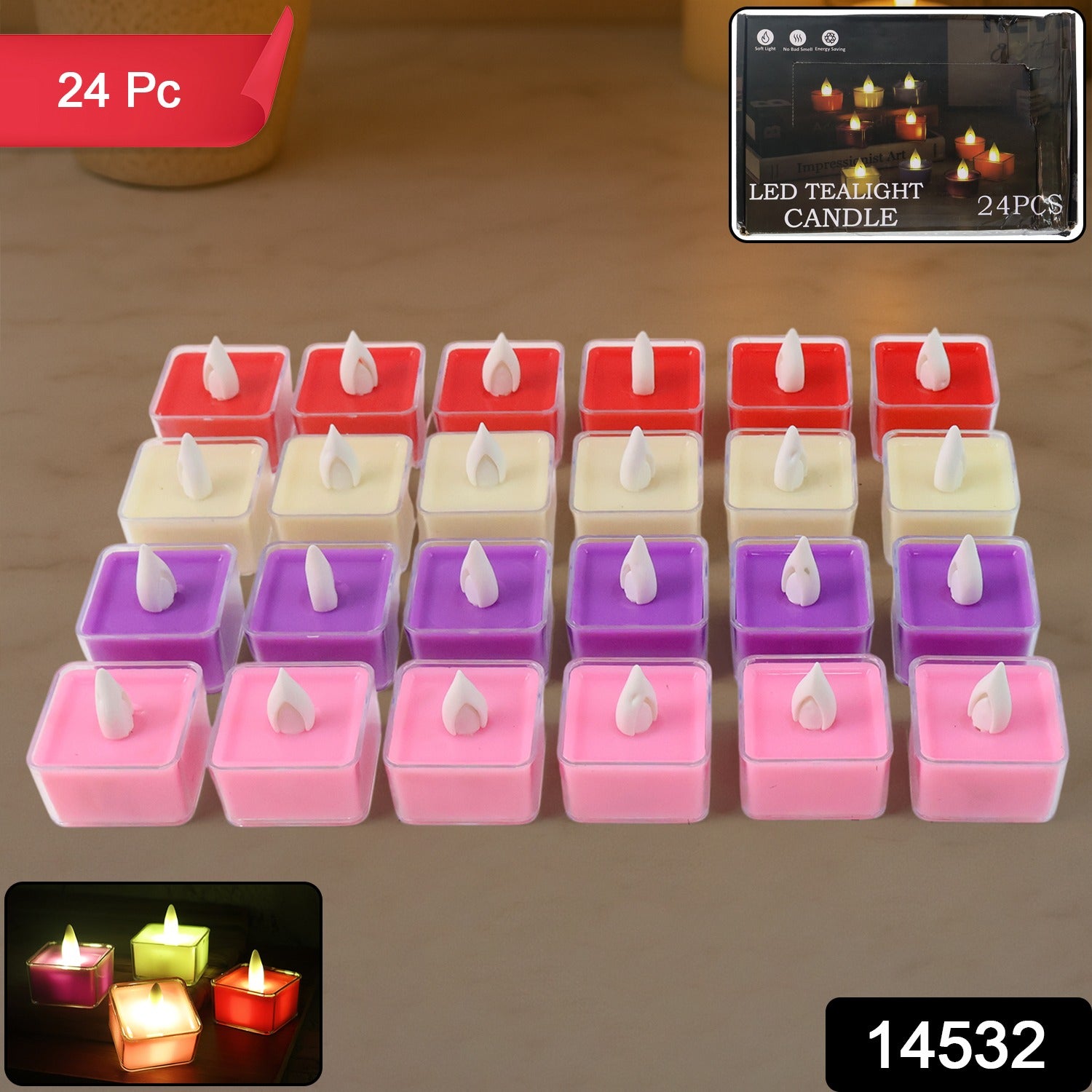 Set of 24 multi-color LED tealight candles by Wukusy, perfect for home decor and ambient lighting.