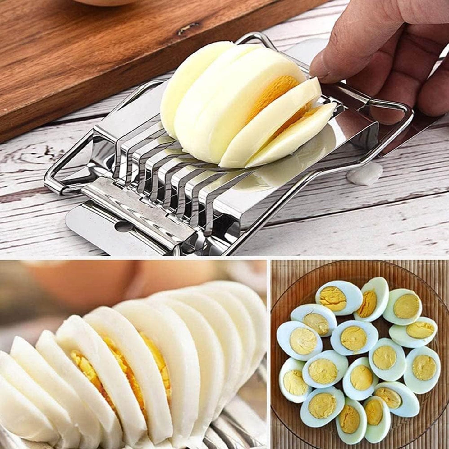 Wukusy stainless steel egg slicer cutter for boiled eggs, with evenly spaced slicing wires, suitable for kitchen use.