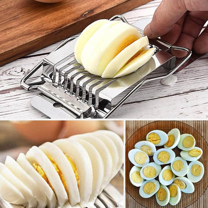 Wukusy stainless steel egg slicer cutter for boiled eggs, with evenly spaced slicing wires, suitable for kitchen use.