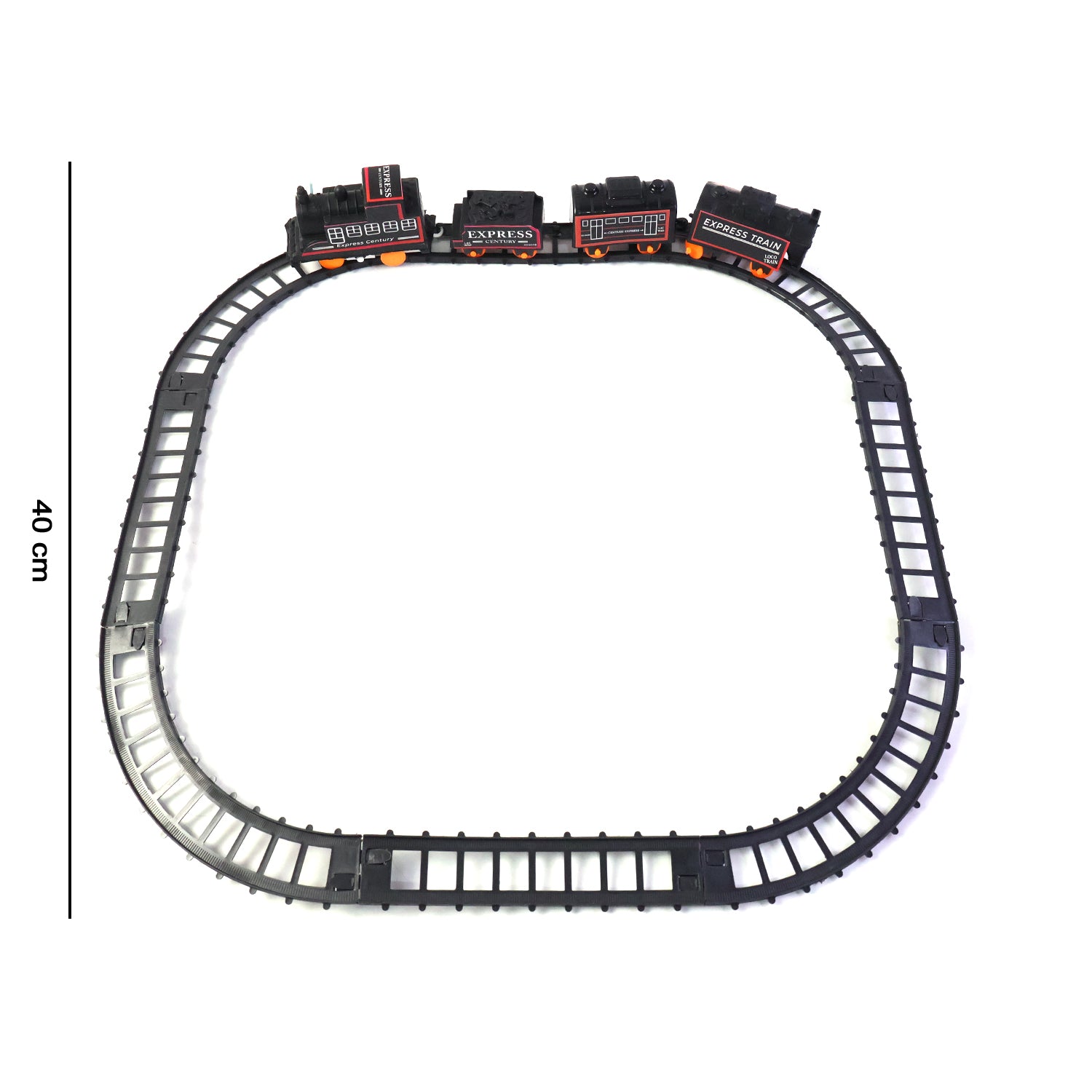 Wukusy Battery Opera Express Train Track Play Set featuring lights and sounds, with colorful train and track components on a play surface.