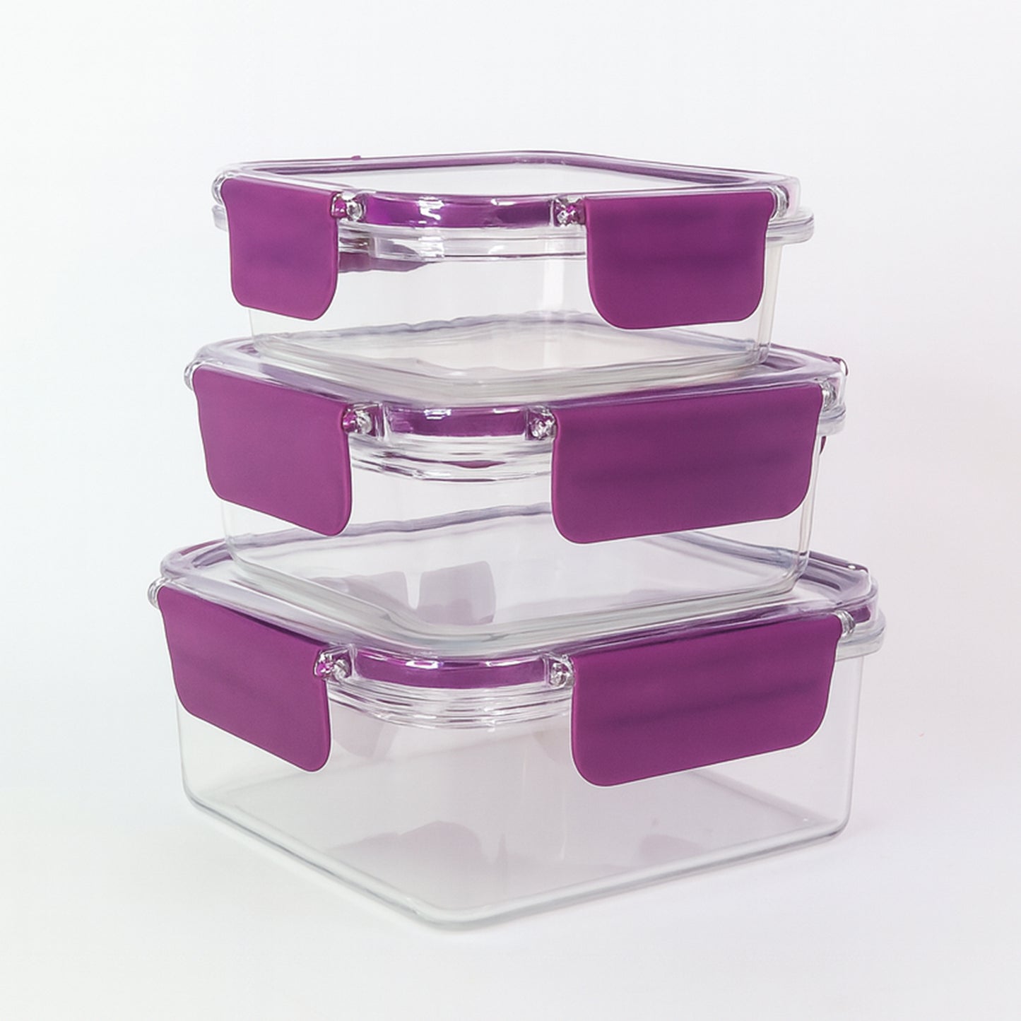 Set of three Wukusy airtight square food storage containers in clear plastic with snap-on lids for kitchen organization.