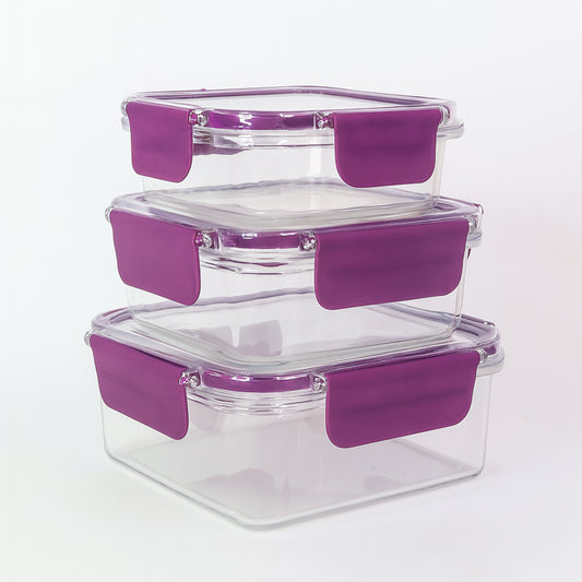 Set of three Wukusy airtight square food storage containers in clear plastic with snap-on lids for kitchen organization.