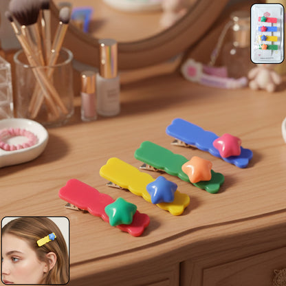 Set of four colorful star design decorative hair clips by Wukusy, featuring vibrant star patterns for stylish hair accessories.