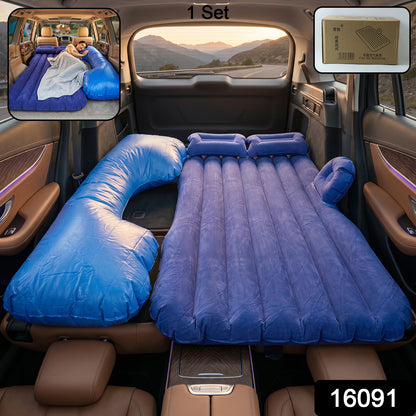 Blue Wukusy portable car air mattress bed set with pump and pillows, inflatable and ready for comfortable travel rest.