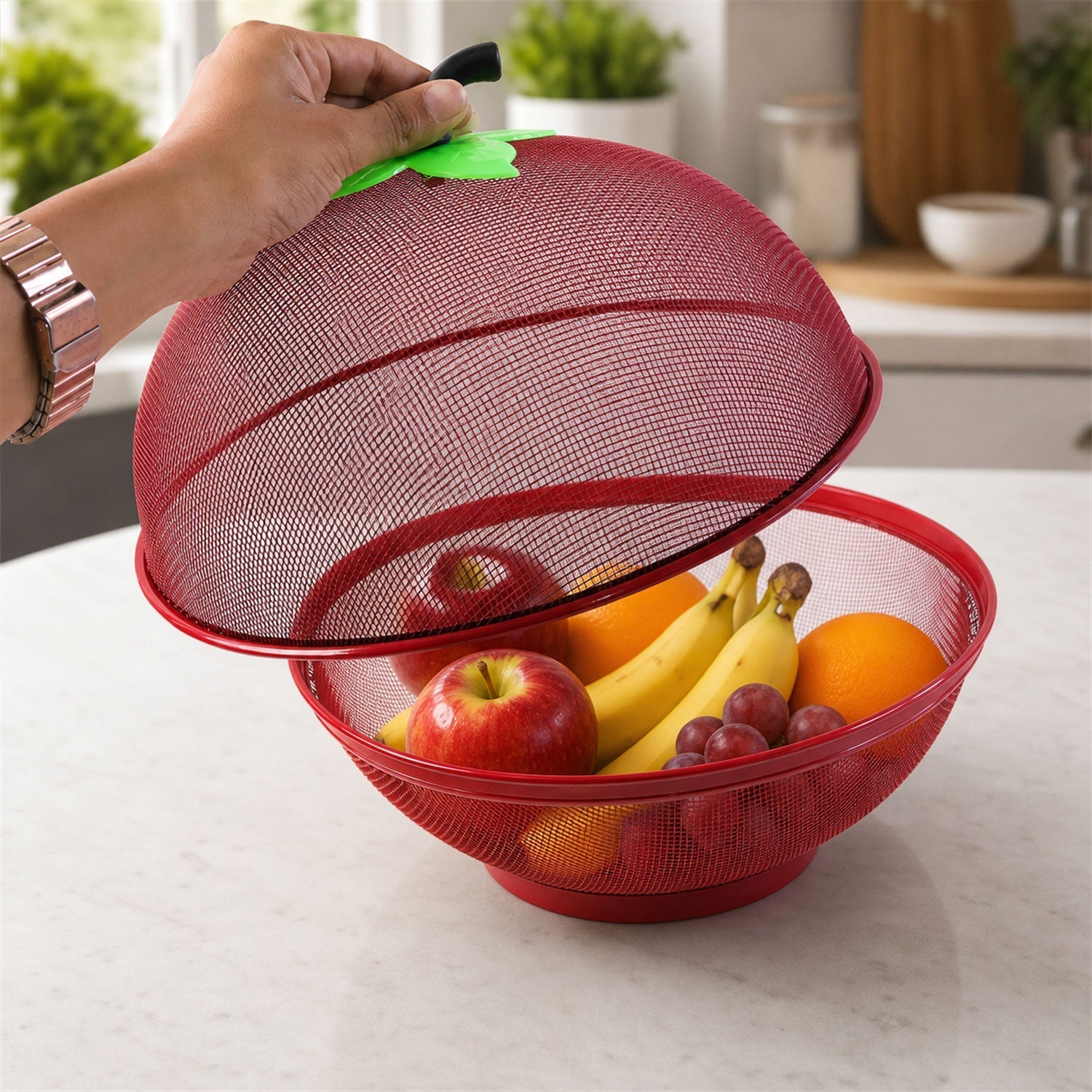 Wukusy metal net fruit basket with apple-shaped dome cover, kitchen storage for fresh fruit, sturdy and stylish design.