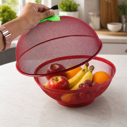 Wukusy metal net fruit basket with apple-shaped dome cover, kitchen storage for fresh fruit, sturdy and stylish design.