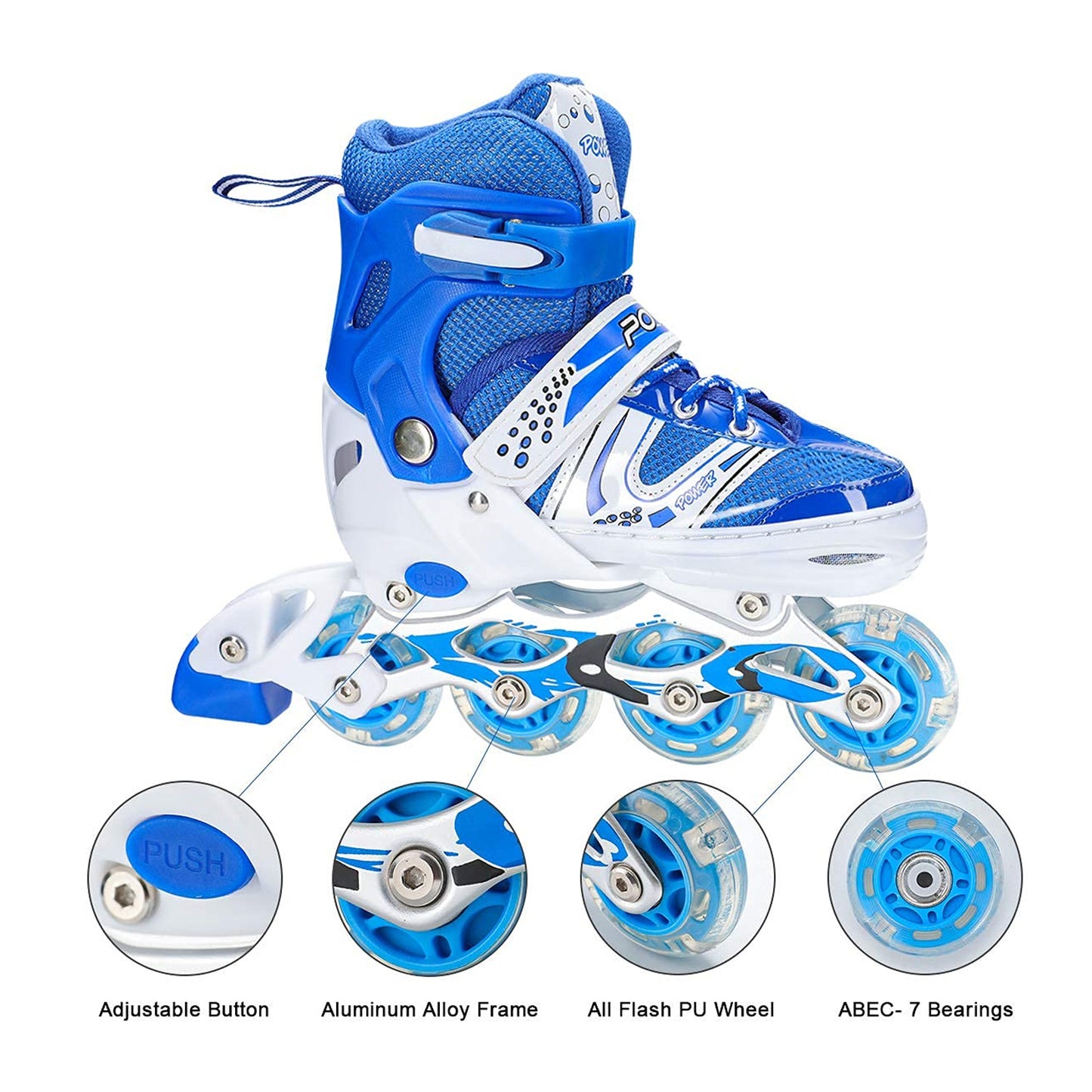 Wukusy 7554 inline skates with LED flashing wheels, adjustable length, high-quality design, paired for home improvement skating activity.