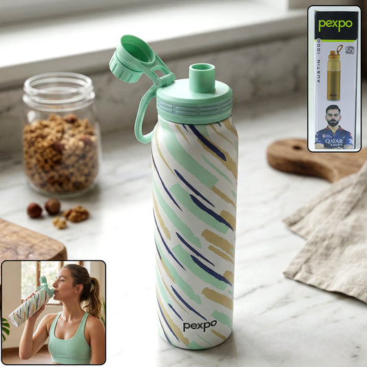 Wukusy Pexpo Austin Art stainless steel water bottle, 1000 ml, with colorful abstract design on a white background.