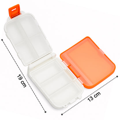 Wukusy portable dual-sided pill organizer box with multiple compartments for daily medication storage, compact and convenient for travel.