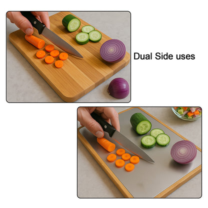 Wukusy Apex Steel Oak medium cutting board with wooden handle, featuring a sturdy surface for food preparation in kitchen.