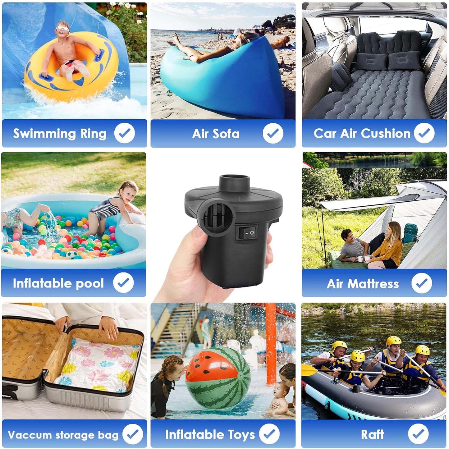 Wukusy 9080 electric air pump for balls and balloons with three nozzles, compact and portable for inflation tasks.