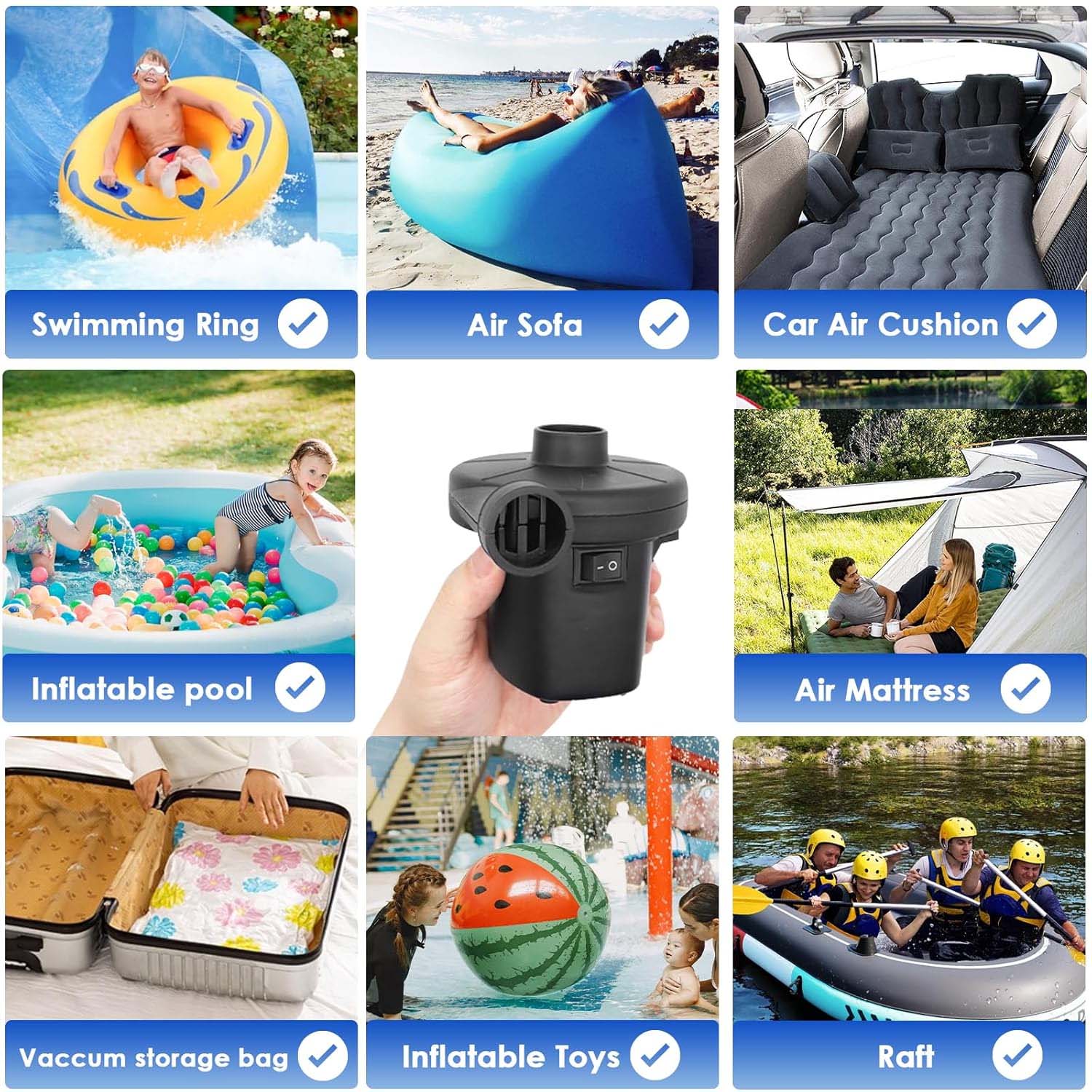 Wukusy 9080 electric air pump for balls and balloons with three nozzles, compact and portable for inflation tasks.