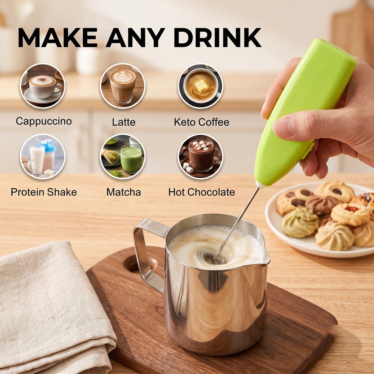 Wukusy handheld electric egg beater and milk frother with mini whisk for coffee and kitchen mixing, shown in use on a countertop.