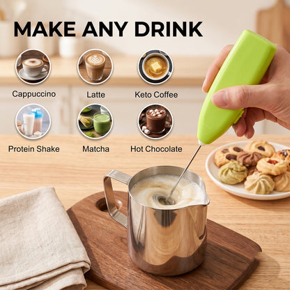Wukusy handheld electric egg beater and milk frother with mini whisk for coffee and kitchen mixing, shown in use on a countertop.