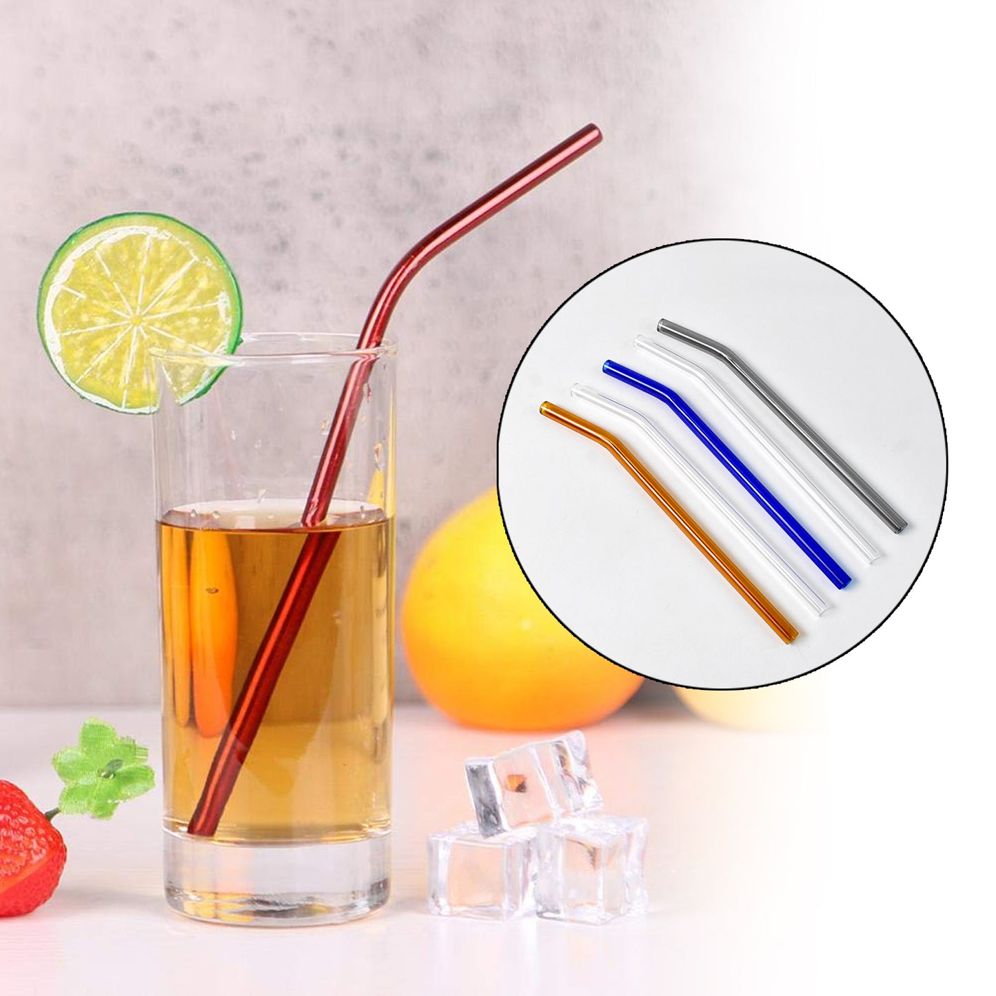 Set of five clear reusable glass straws from Wukusy, ideal for eco-friendly drinking in home and kitchen settings.