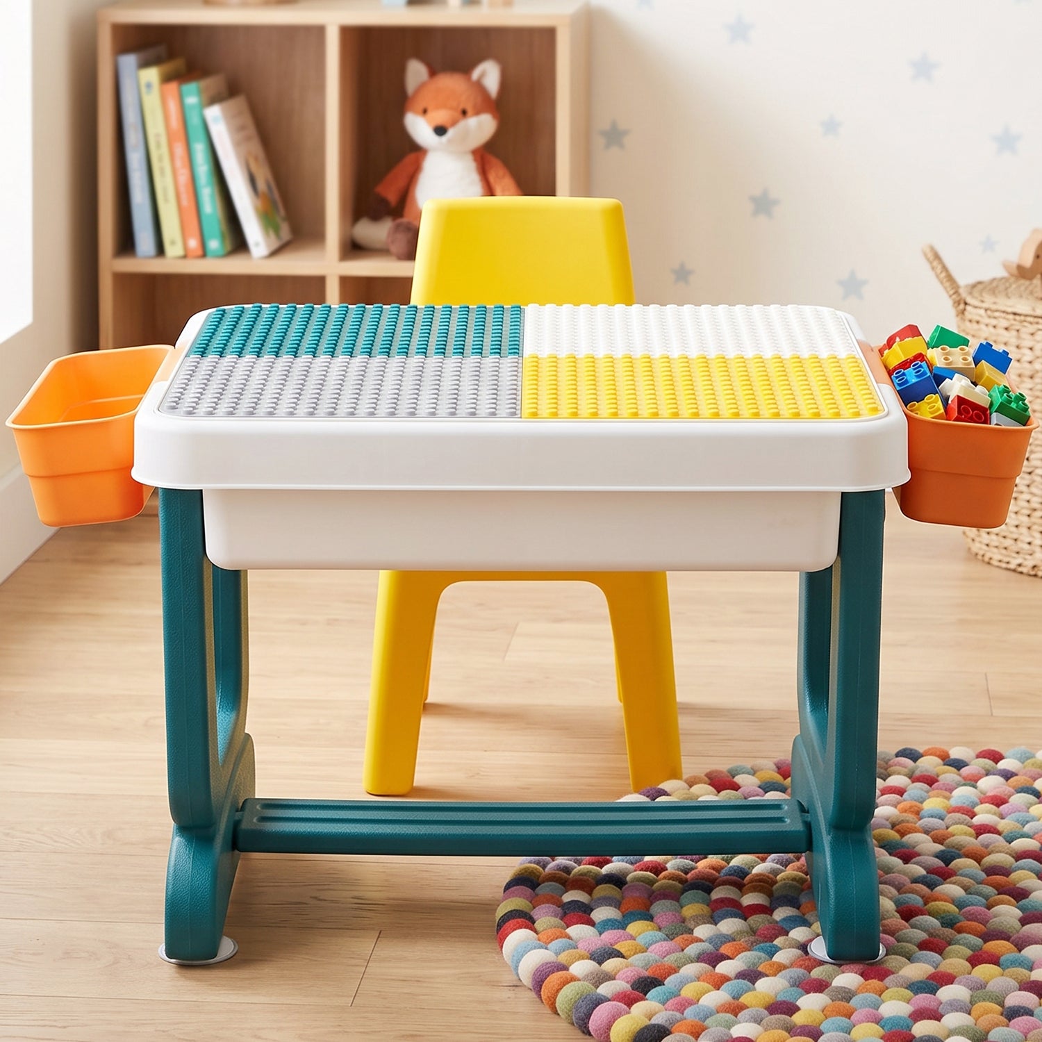 Kids building block activity table and chair set with storage bins by Wukusy, featuring a colorful table and matching chairs with storage.