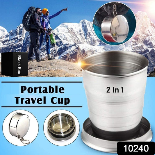 Wukusy 2-in-1 camping folding cup with keychain, compact silver stainless steel travel mug, open and folded view