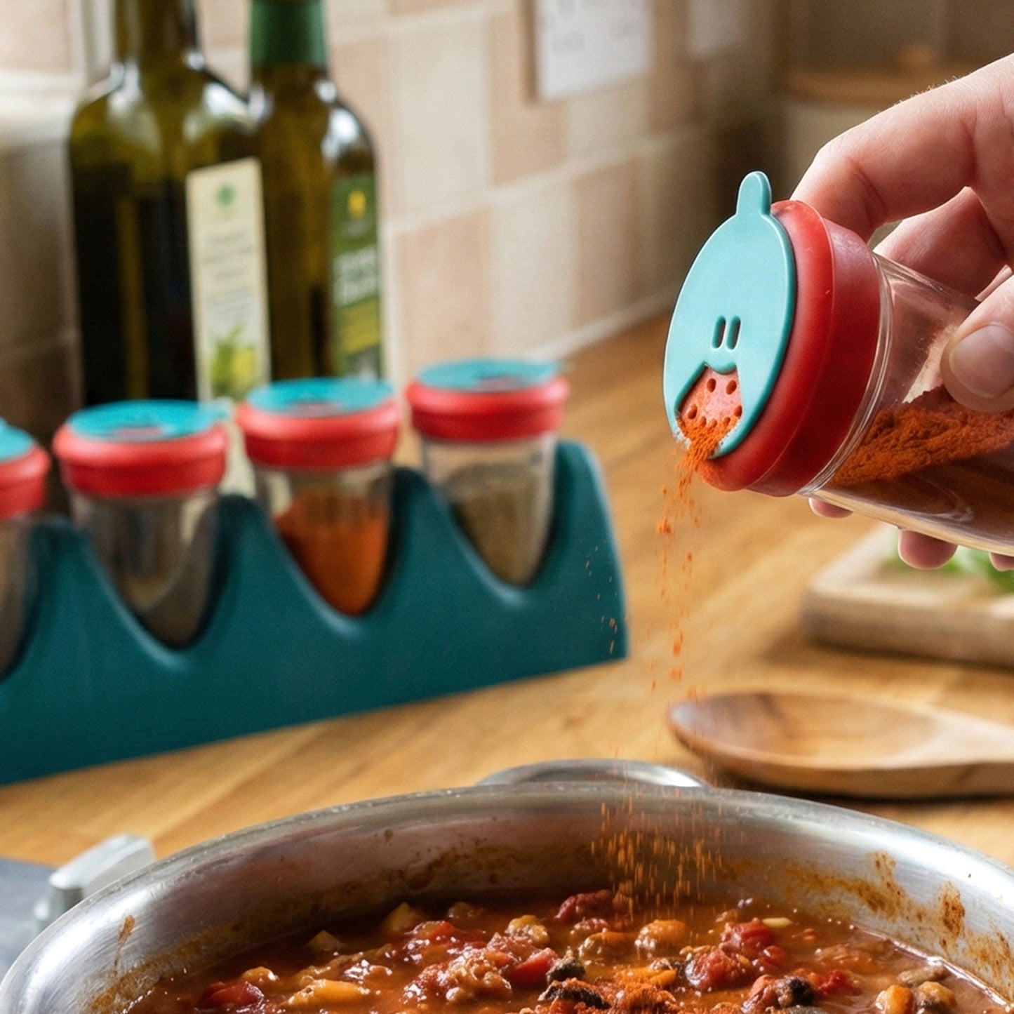 Wukusy 4-in-1 multipurpose spice shaker set with four compartments and clear lids, ideal for storing and seasoning spices.
