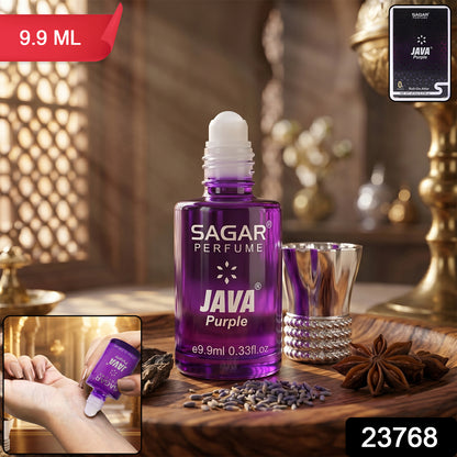 Wukusy Sagar Java Purple roll-on attar perfume oil in 9.9ml bottle, alcohol-free, for men and women, with a purple and silver design