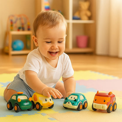 Set of 12 Wukusy cartoon pull-back toy cars featuring colorful, mini vehicle designs for kids' play and entertainment.