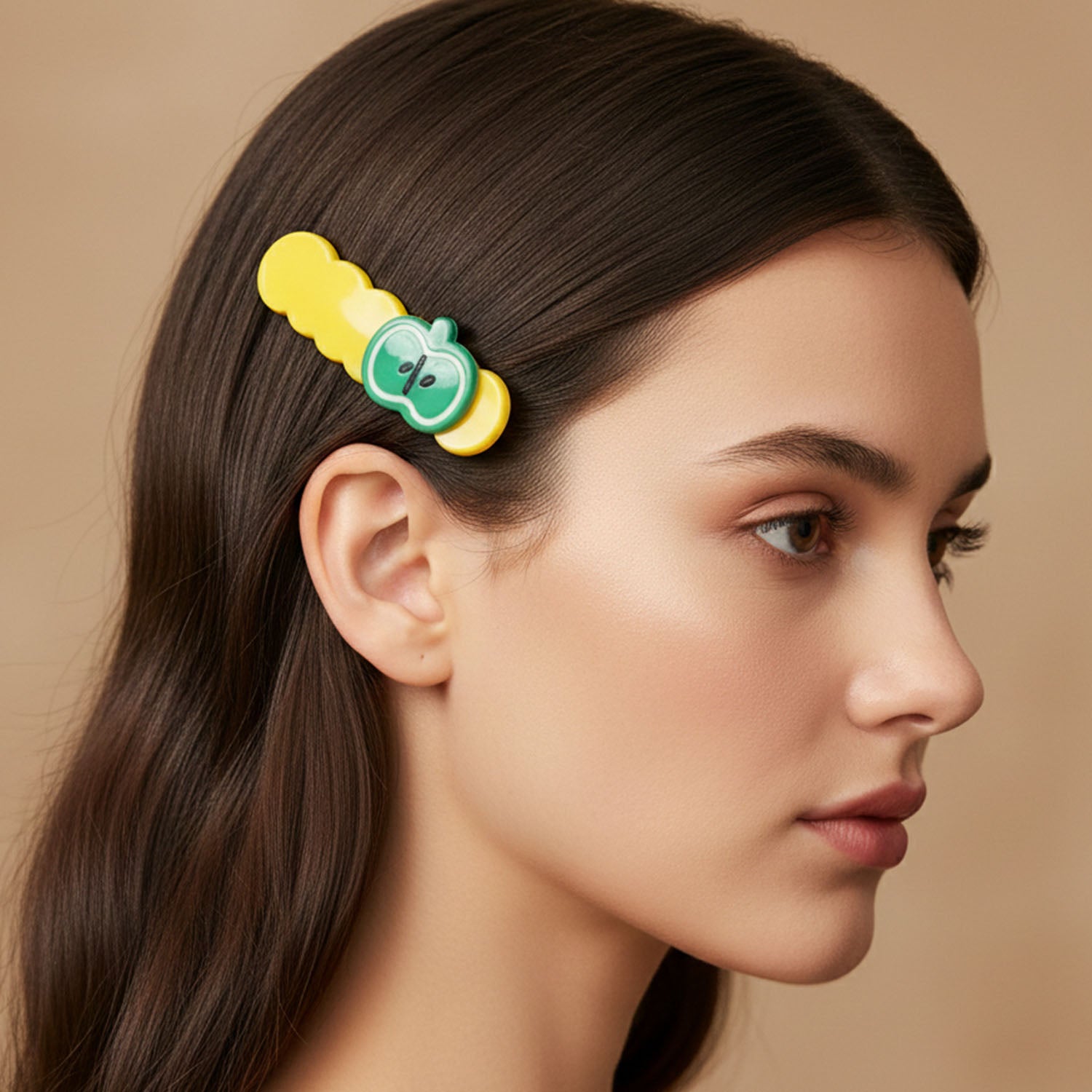 Set of four cute apple-shaped hair clips by Wukusy, featuring colorful apple designs on small metal clips for kids or casual wear.