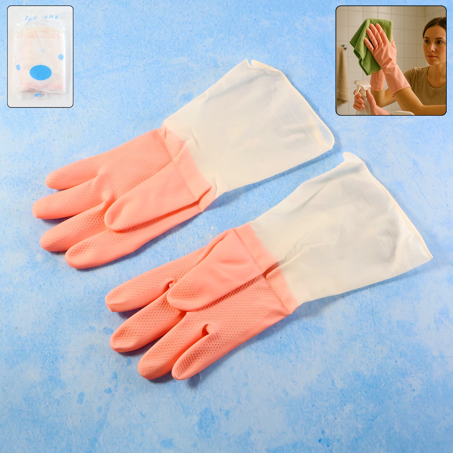 Pair of small size reusable household cleaning gloves by Wukusy, durable rubber gloves for home cleaning tasks.