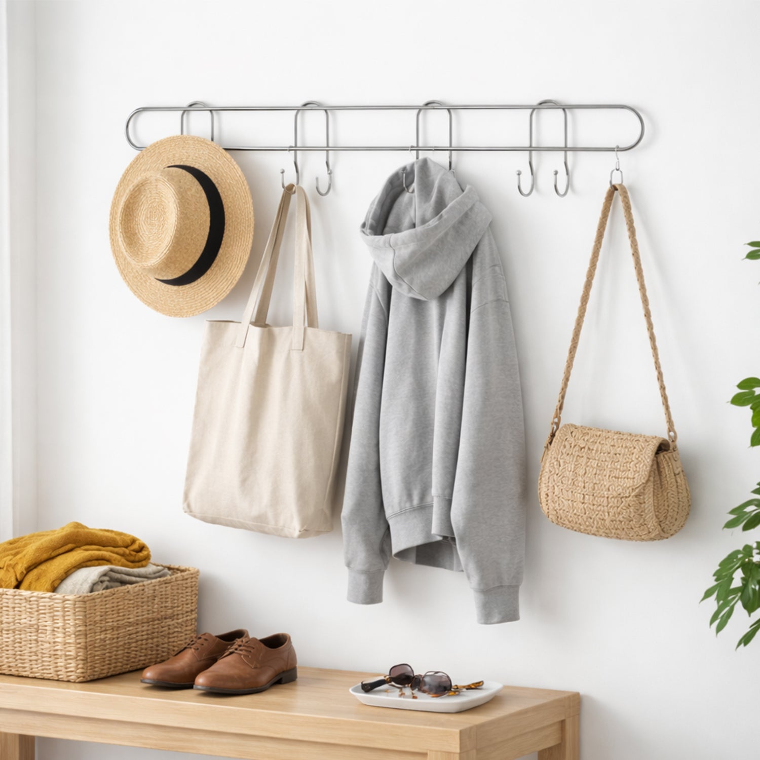Heavy duty stainless steel wall-mounted hook rack by Wukusy with multiple hooks for organizing tools or accessories.
