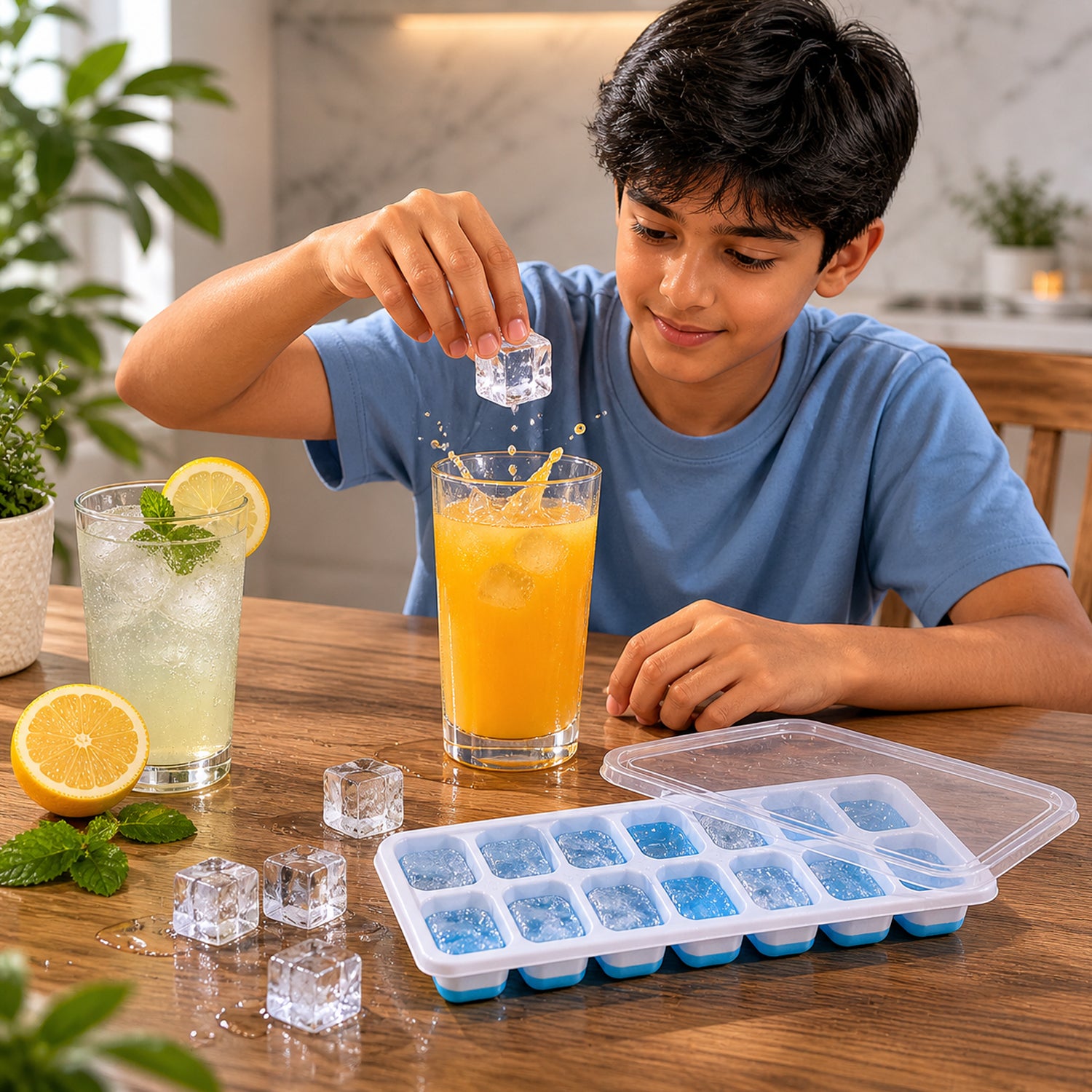 Wukusy multipurpose plastic ice cube tray with lid, featuring 14 grid compartments for making ice cubes.