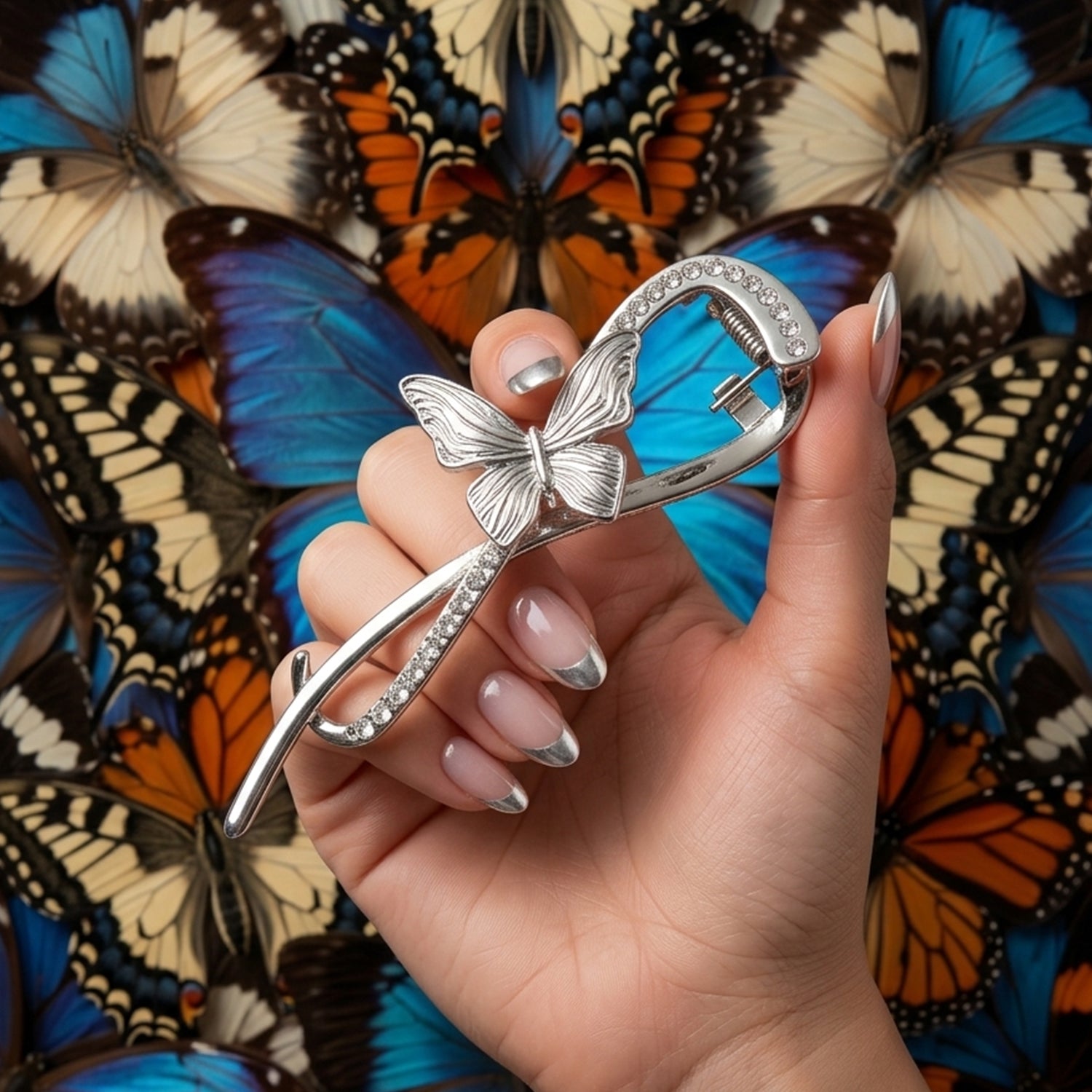 Colorful butterfly design hair clip by Wukusy, featuring intricate details and a sleek metal clasp for stylish hair accessory.